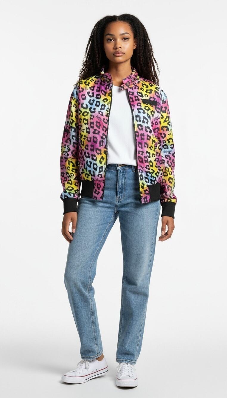 Abbey Dawn Avril Lavigne Rainbow Cheetah Print Bomber Jacket Neon Y2K Punk L